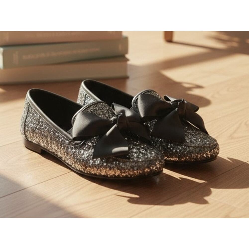 JoJo Siwa Girls Black Silver Glitter Bow Slip On Shoes Size 13.5